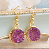 Resin Druzy Earrings Gold Plated Purple Round Glitter