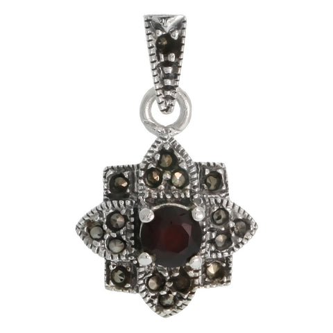 Sterling Silver Marcasite Flower Pendant, w/ Brilliant Cut 5 mm Garnet Color CZ