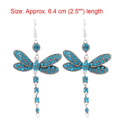 Alloy Blue Crystal Dragonfly Dangle Earrings  8 x 4.3 cm size