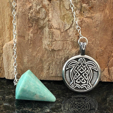 Celtic Pewter Turtle Pendulum - Amazonite made in USA
