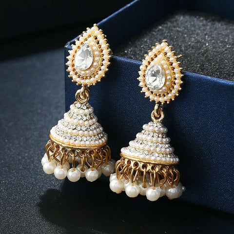 India Style Gold Color Pearl and Rhinestone Drop Tassel Earrings