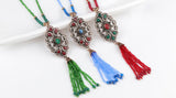 Turkish Style Green bead tassel  necklace with red and clear stones