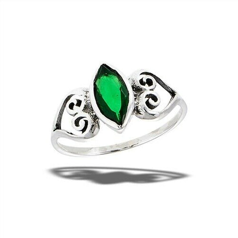 STERLING SILVER CELTIC HEART RING WITH SYNTHETIC EMERALD