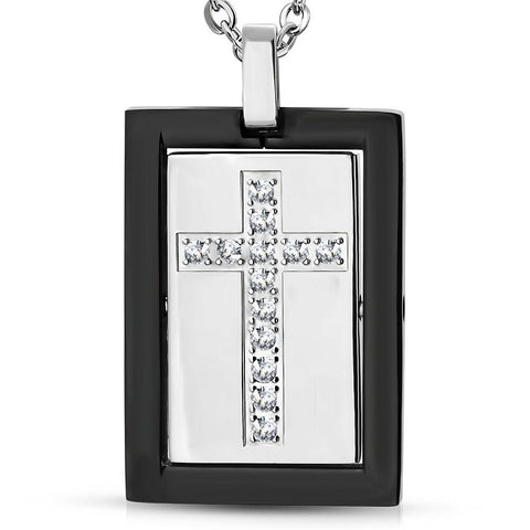 Stainless Steel 2-tone Cross Tag Charm Spinning Pendant w/ Clear  no chain