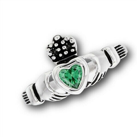 STAINLESS STEEL CLADDAGH RING WITH GREEN CZ