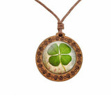 Wooden Clover/Shamrock Pendant with Glass Cabachon and Adjustable Cord