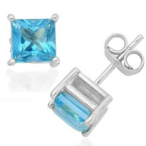 2.2 CT Baby Swiss Blue Topaz Square 6mm gemstone 0.925 STERLING SILVER EARRINGS