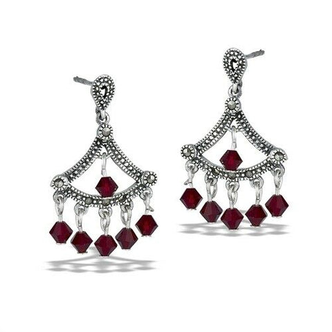 Sterling Silver Classic Victorian Dangle Earring With Marcasite And Red Crystal