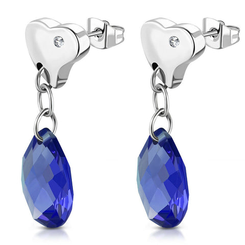 Stainless Steel Teardrop Love Heart Long Drop  Earrings w/ Blue Crystal Beads