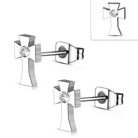 Stainless Steel Cross Stud Earrings w/ Clear CZ (pair)