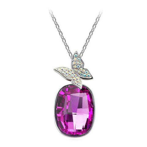 Silver Plated Pink Crystal Butterfly Necklace with Chain