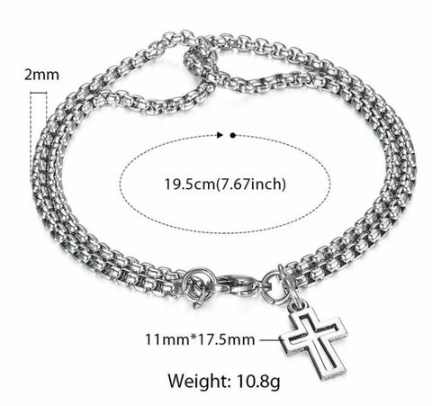 Stainless Steel Cross Charm Bracelet with double rounded box chain 7.67 in
