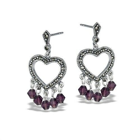 Sterling Silver Victorian Heart Earring With Marcasite And Purple Crystal