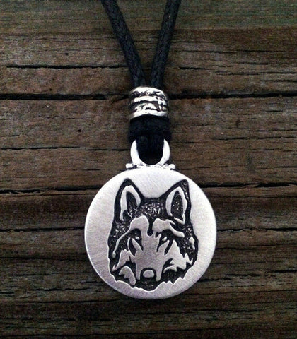 Wolf pendant with adjustable black cotton cord made in USA