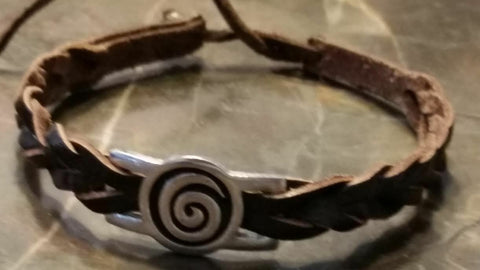 Irish Pewter Brown Leather Spiral Woven Adustable Bracelet