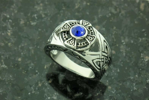 316 L Stainless Steel Celtic Cross Ring Blue CZ Scotland's Color