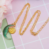 Druzy Necklace Gold Plated Green AB Rainbow Color Half Moon Round Enamel 19 5/8