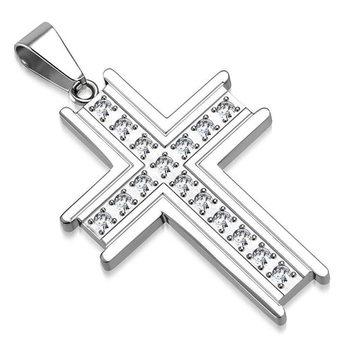 Stainless Steel Pave Set Cross Charm Pendant w/ Clear CZ no chain