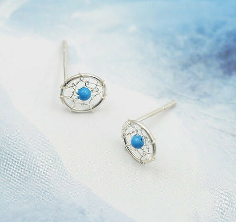 STERLING SILVER 8 mm Dream  Catcher Stud Earrings with Turquoise Stone