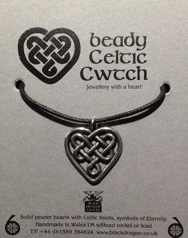 Welsh Pewter  hearts with Celtic Knots with 16 in cotton cord and fastener