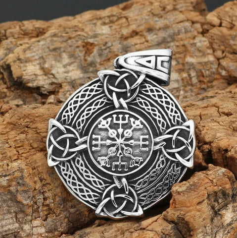 STAINLESS STEEL  Double Sided Viking Vegvisir pendant with Triquetras and Knots