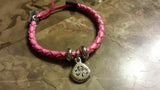 Irish Pewter Pink Shamrock Leather Rounded Woven Adustable Bracelet