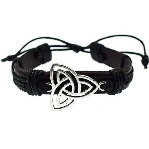 Double Trinity Charm Dark Brown Leather  Bracelet with Adustable Black Cord