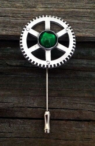 Pewter Steampunk Chronometer Gear Stick Pin With Swarovski Green Crystal