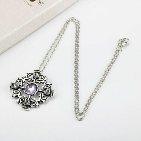 Scottish Thistle Cross Necklace with Purple Crystal with 50 cm(19.69 in) chain