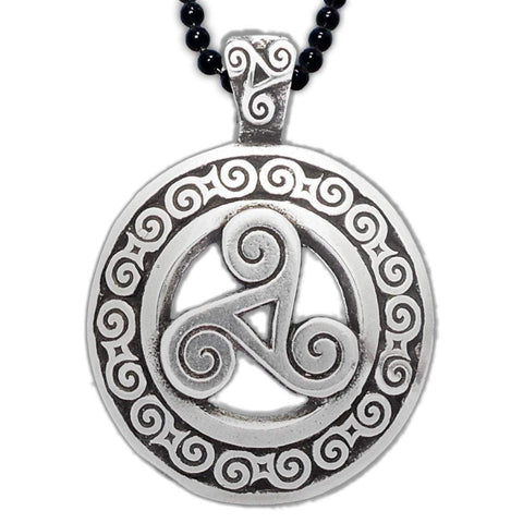 Celtic Triskele Pewter Pendant with black 24 inch steel chain made in USA