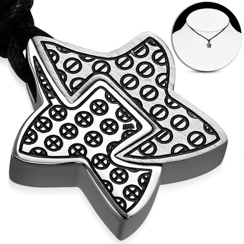 Stainless Steel 2-tone Star Jigsaw Pendant Adjustable Black String Cord Necklace