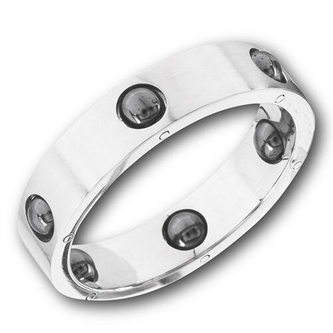 STAINLESS STEEL BAND RING WITH HEMATITE BALLS
