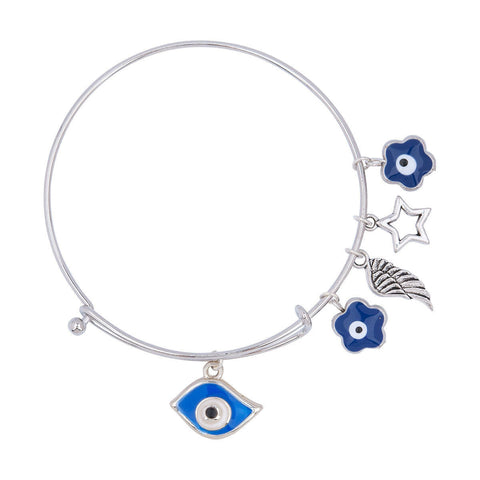 Stainless Steel Silver Tone Blue Enamel Evil Eye  Angel Wing Expandable Bangle