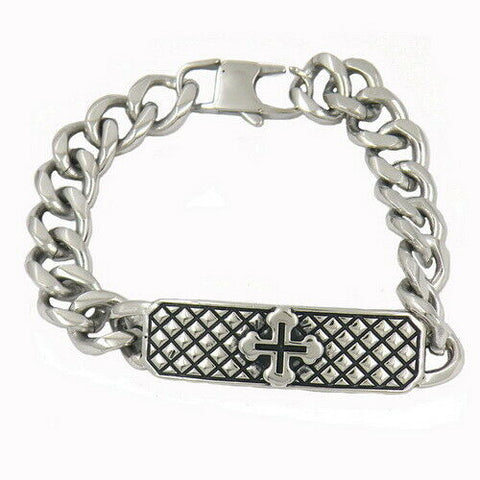 Stainless Steel Sanctify Strength Holy Cross ID Bracelet  9 inches