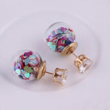 Double sided Rhinestone and glass ball filled with tiny hearts earrings -1 pair