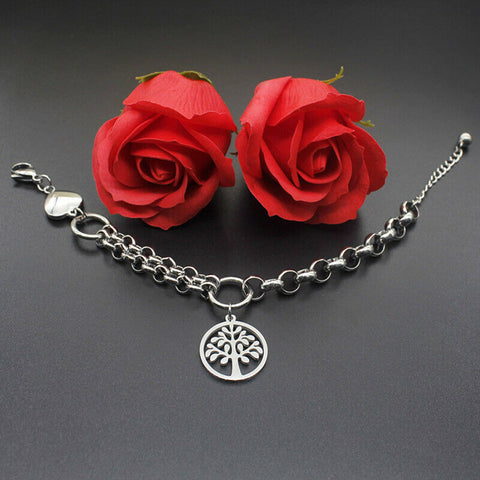 Stainless Steel  tree of life bracelet with heart 18 cm ( 7 in)  plus 2 in ext