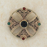 Irish Bronze Celtic Cross  brooch with green and black and carnelian stones