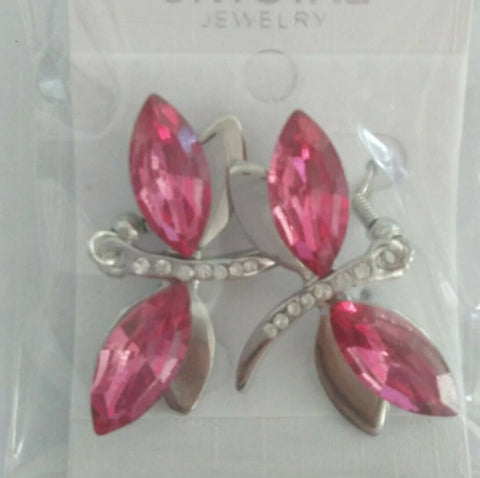 Dragonfly with pink crystal white gold plated Earrings