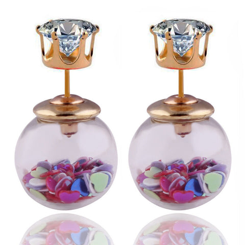 Double sided Rhinestone and glass ball filled with tiny hearts earrings -1 pair