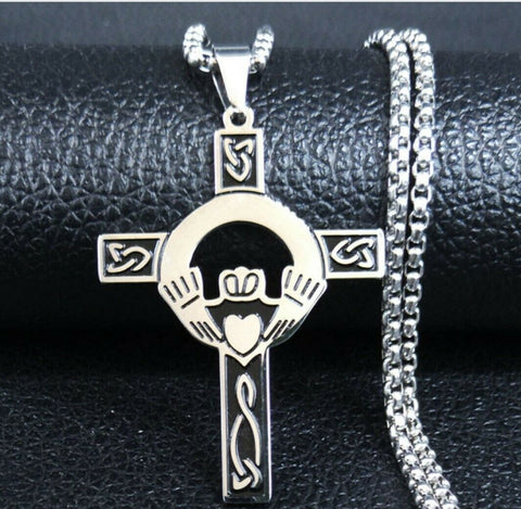 Celtic Knotwork Stainless Steel Claddagh Cross Pendant  with 20 in box chain