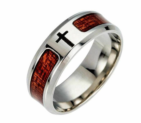 Stainless Steel and Wooden Cross Ring 8mm band width