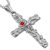 Stainless Steel Spiral Rose Flower Vine Cross Pendant w/ Light Siam Red CZ
