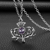 Celtic  Scottish Thistle with Purple Crystal  Necklace with 20 inch chain
