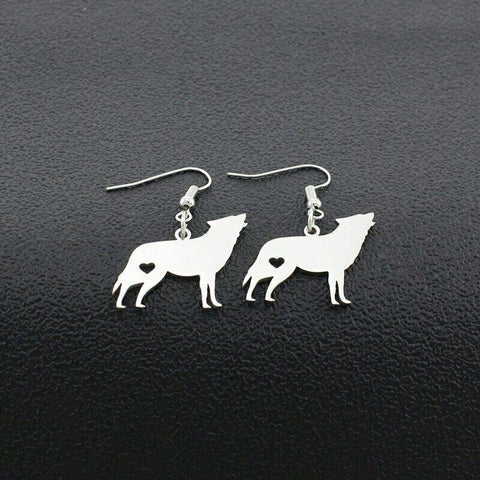 Stainless Steel Wolf Silhouette Earrings Silver Tone Wolf Animal Heart Earrings