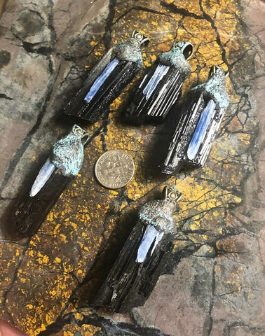 Black Tourmaline Crystal pendant in with bronze patina bail