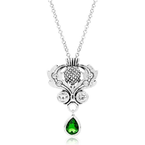 Celtic  Scottish Thistle Pendant with Crystals and  20 in Stainless Steel Chain