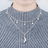 Double Layer Necklace  Chain Antique Silver Star Half Moon 41.5cm(16 3/8 inch)
