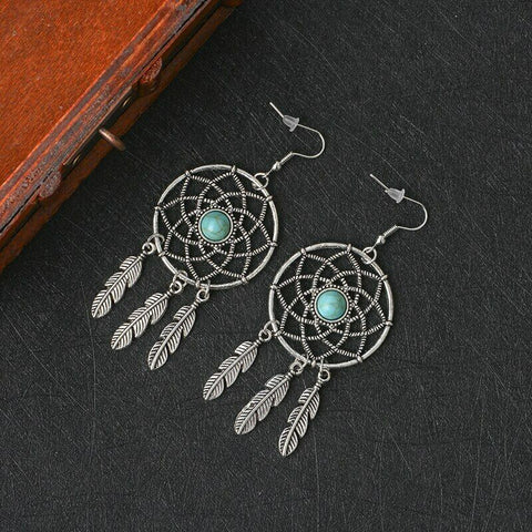 Zinc Alloy Dreamcatcher with feather dangles earrings