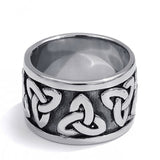 WIDE STAINLESS STEEL CELTIC TRINITY RING WITH  BLACK BACKGROUND