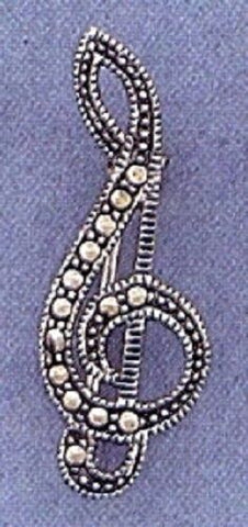 STERLING SILVER MARCASITE CLEF NOTE BROOCH